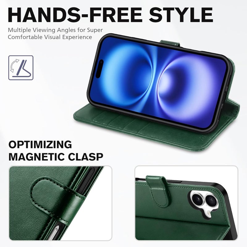 TUCCH Case Wallet for iPhone 16, Protective [TPU Shockproof Inner Shell], Kickstand PU Leather RFID Blocking [4 Card Holder] Magnetic Closure Cover Compatible with iPhone 16 5G, Green - Image 4